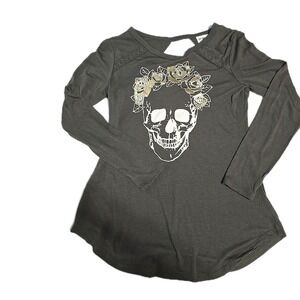 Jerry Leigh Women's Small Hunter‎ Green Skull FLORAL Shirt Top Lace Keyhole Back